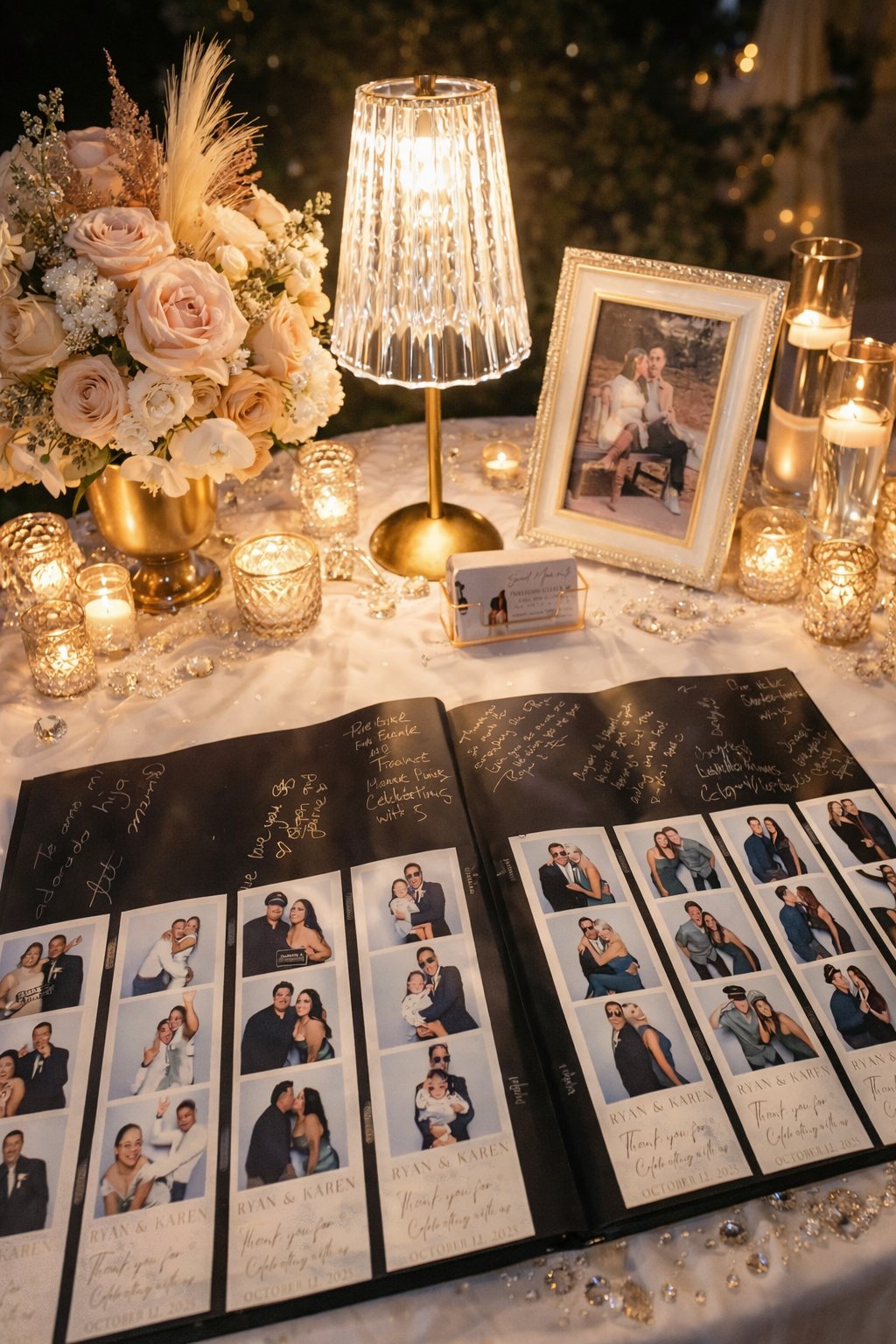 A wedding guest book filled with photo booth strips, surrounded by candles and flowers
