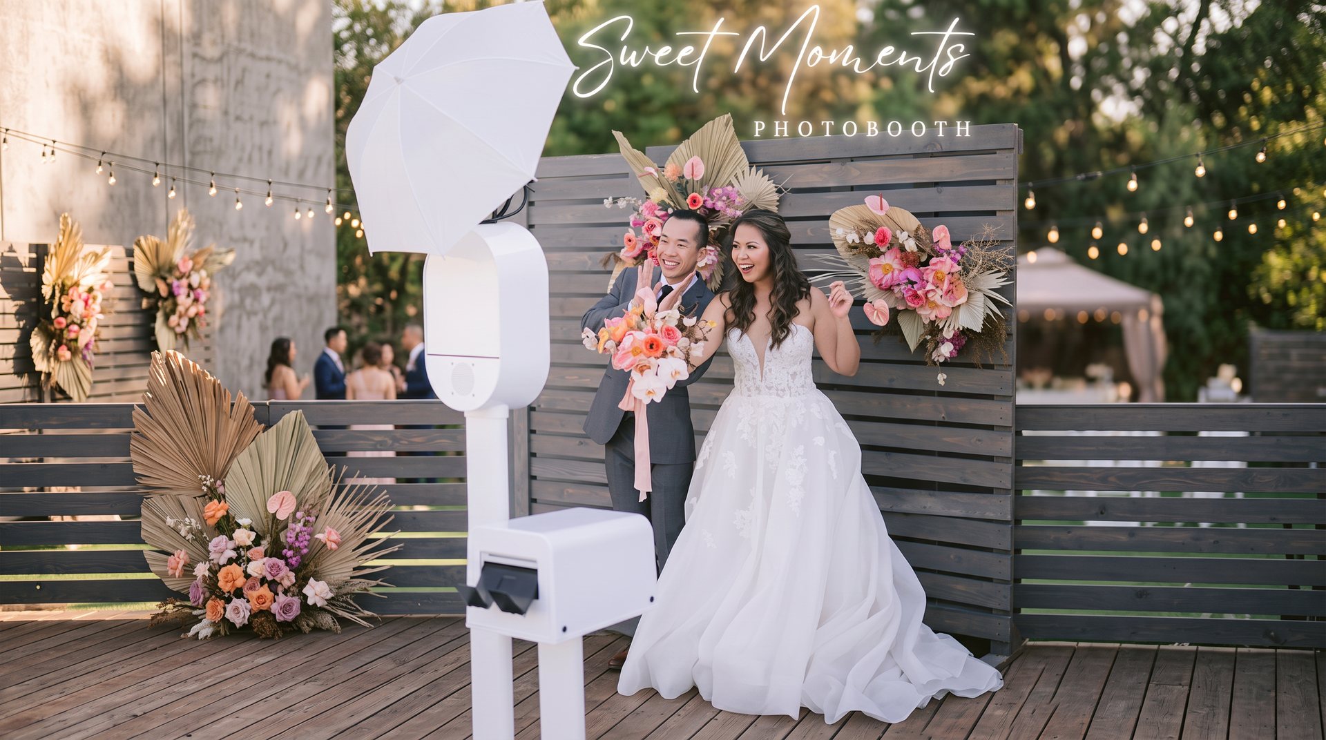 A couple laughing beside the Sweet Moments photo booth at their wedding